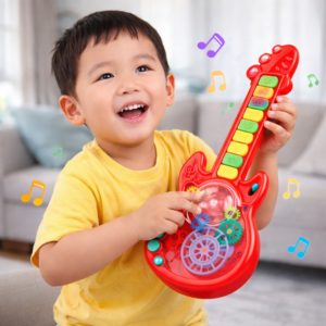 RockManó piros zenélő gitár gyerekeknek – interaktív érzékszervi fejlesztő játék 29×11 cm (BBJ) - Image 2
