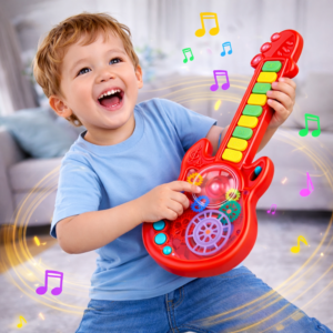 RockManó piros zenélő gitár gyerekeknek – interaktív érzékszervi fejlesztő játék 29×11 cm (BBJ) - Image 5