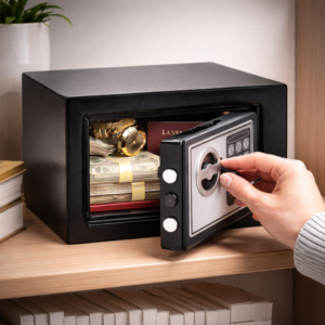 Acél digitális kombinációs széf – elektronikus kóddal nyitható biztonsági széf 4×AA elemmel, fekete trezor otthonra és irodába (BBV) - Image 2