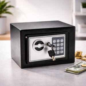 Acél digitális kombinációs széf – elektronikus kóddal nyitható biztonsági széf 4×AA elemmel, fekete trezor otthonra és irodába (BBV) - Image 3