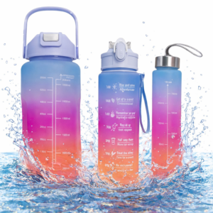 Háromrészes motivációs kulacs szett, kék-lila-narancssárga színkombinációban, 2L, 900 ml és 300 ml méretű palackokkal