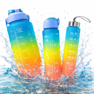 Háromrészes motivációs kulacs szett, kék-sárga-rózsaszín színkombinációban, 2L, 900 ml és 300 ml méretű palackokkal