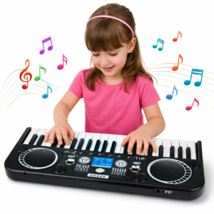 KeyVibe gyerek elektromos szintetizátor mikrofonnal – zenei 37 billentyűs játék, hangerőszabályzó, demo dalok, fekete (BBJ) - Image 1