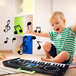 KeyVibe gyerek elektromos szintetizátor mikrofonnal – zenei 37 billentyűs játék, hangerőszabályzó, demo dalok, fekete (BBJ) - Image 3