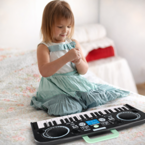 KeyVibe gyerek elektromos szintetizátor mikrofonnal – zenei 37 billentyűs játék, hangerőszabályzó, demo dalok, fekete (BBJ) - Image 4