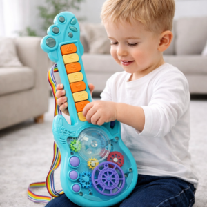 RockManó kék zenélő gitár gyerekeknek – interaktív érzékszervi fejlesztő játék 29×11 cm (BBJ) - Image 2