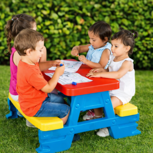 Színes gyermek kerti pad és asztal szett – tartós műanyag 70 x 79 x 47 cm, kék (BBJ) - Image 2