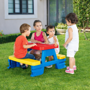 Színes gyermek kerti pad és asztal szett – tartós műanyag 70 x 79 x 47 cm, kék (BBJ) - Image 4