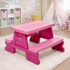 Színes gyermek kerti pad és asztal szett – tartós műanyag 70 x 79 x 47 cm, pink (BBJ) - Image 2