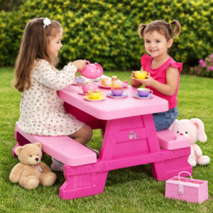 Színes gyermek kerti pad és asztal szett – tartós műanyag 70 x 79 x 47 cm, pink (BBJ) - Image 4