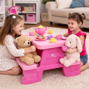 Színes gyermek kerti pad és asztal szett – tartós műanyag 70 x 79 x 47 cm, pink (BBJ) - Image 3