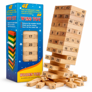 ToronyMester 54 db-os fa toronyépítő ügyességi játék – klasszikus egyensúlyozó családi társasjáték dobókockákkal (BBJ) - Image 7
