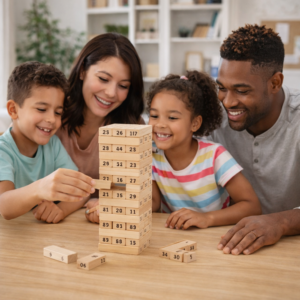 ToronyMester 54 db-os fa toronyépítő ügyességi játék – klasszikus egyensúlyozó családi társasjáték dobókockákkal (BBJ) - Image 3