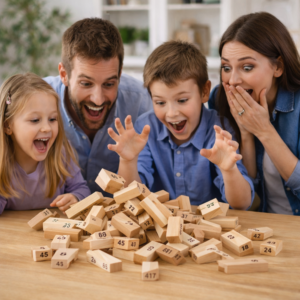 ToronyMester 54 db-os fa toronyépítő ügyességi játék – klasszikus egyensúlyozó családi társasjáték dobókockákkal (BBJ) - Image 4