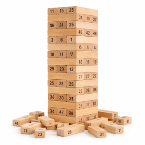 ToronyMester 54 db-os fa toronyépítő ügyességi játék – klasszikus egyensúlyozó családi társasjáték dobókockákkal (BBJ) - Image 6