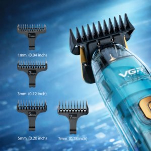 VGR V-961 prémium akkus haj- és szakállvágó – vezeték nélküli trimmer  4 vezetőfésű 1/3/5/7 mm - digitális kijelzővel, átlátszó dizájn (BBD) - Image 3