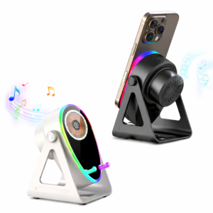 Vezeték nélküli töltős hangszóró telefontartó LED hangulatfénnyel – univerzális okostelefon állvány (BBD) - Image 1