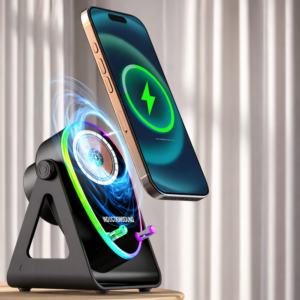 Vezeték nélküli töltős hangszóró telefontartó LED hangulatfénnyel – univerzális okostelefon állvány (BBD) - Image 2