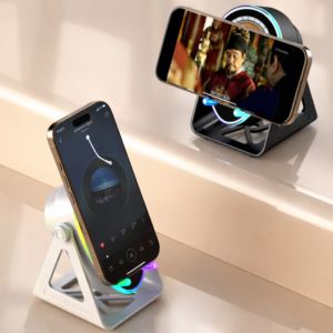 Vezeték nélküli töltős hangszóró telefontartó LED hangulatfénnyel – univerzális okostelefon állvány (BBD) - Image 3