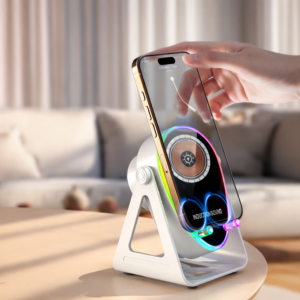 Vezeték nélküli töltős hangszóró telefontartó LED hangulatfénnyel – univerzális okostelefon állvány (BBD) - Image 4